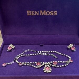 Vintage Ben Moss, crystal necklace and clip on earring set silver tone